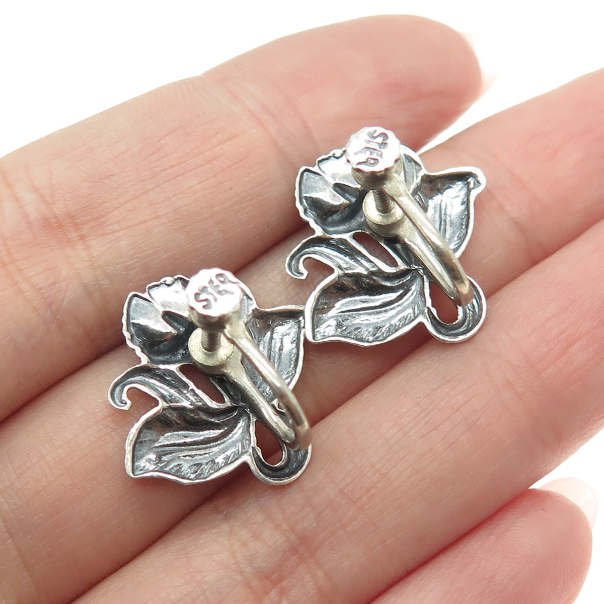 925 Sterling Silver Antique Calla Lily Floral Oxidized Screw Back Earrings