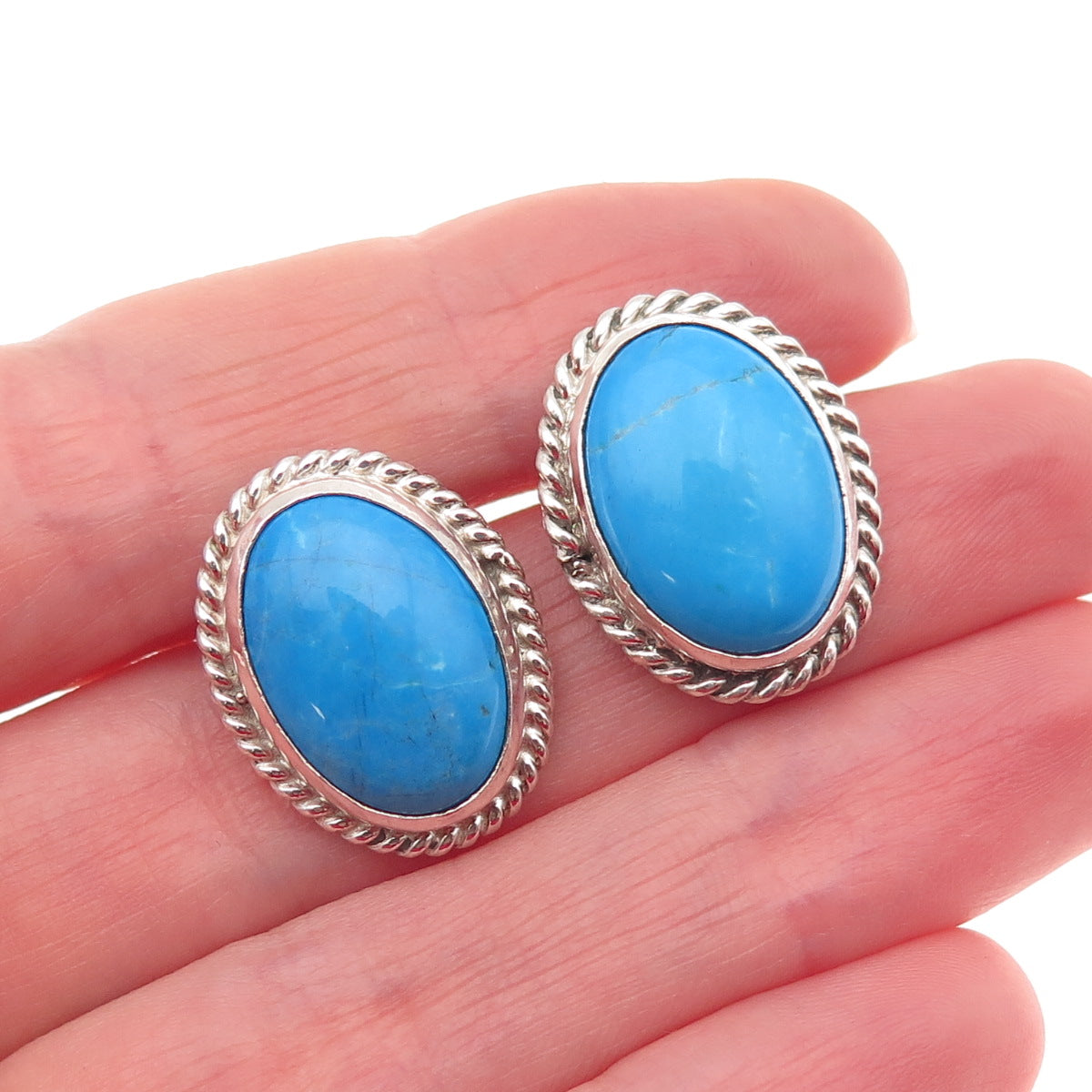 925 Sterling Silver Vintage Real Cabochon Turquoise Roped Earrings