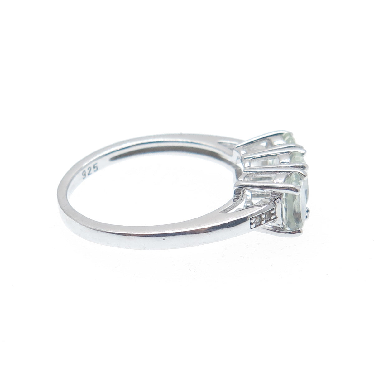 925 Sterling Silver Real Oval-Cut Green Amethyst & C Z Ring Size 6.25