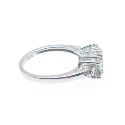 925 Sterling Silver Real Oval-Cut Green Amethyst & C Z Ring Size 6.25