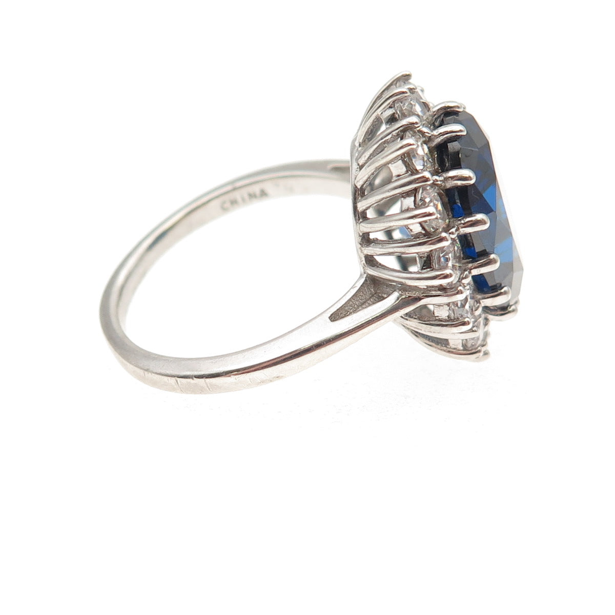 925 Sterling Silver Oval-Cut Blue & Round-Cut White C Z Ring Size 8.25