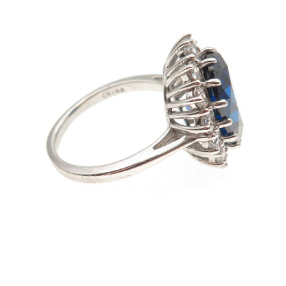 925 Sterling Silver Oval-Cut Blue & Round-Cut White C Z Ring Size 8.25