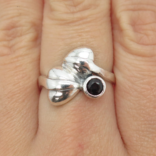 925 Sterling Silver Vintage Real Red Garnet Double Heart Bypass Ring Size 7.5