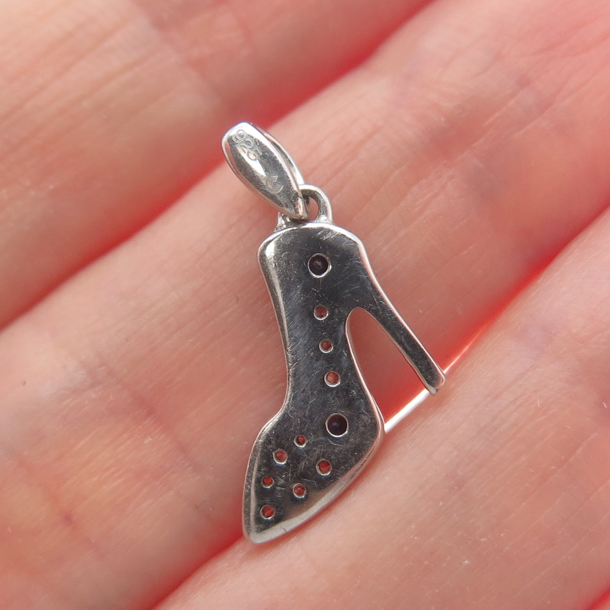 925 Sterling Silver Real Round-Cut Sapphire & C Z High Heel Shoe Mini Pendant