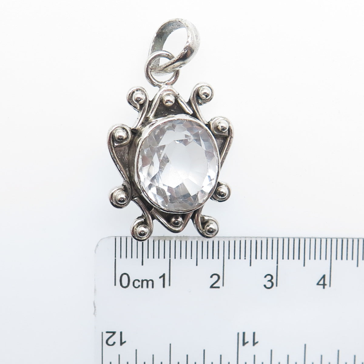925 Sterling Silver Vintage Real Clear Quartz Beaded Oxidized Charm Pendant