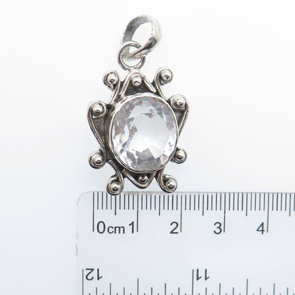 925 Sterling Silver Vintage Real Clear Quartz Beaded Oxidized Charm Pendant
