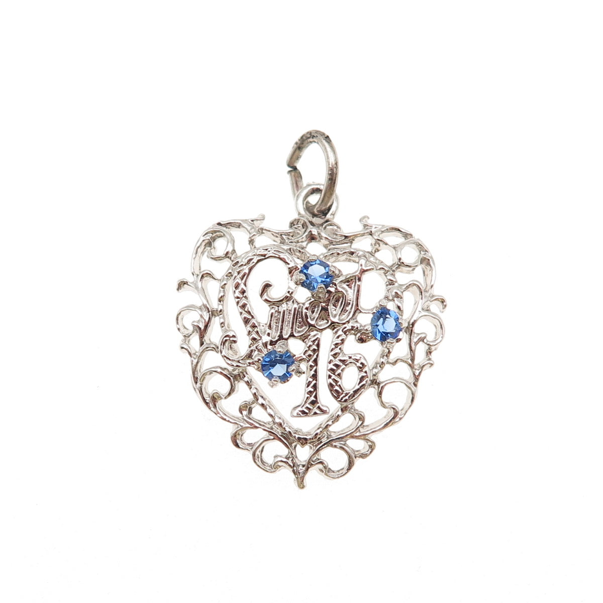 Spencer 925 Sterling Silver Vintage Rhinestone Sweet 16 Heart Charm Pendant