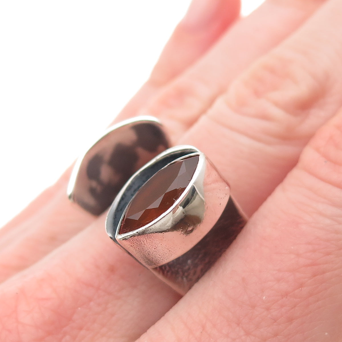 925 Sterling Silver Vintage Real Fire Opal Modernist Adjustable Ring Size 7.5