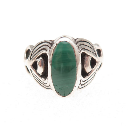925 Sterling Silver Vintage Real Malachite Owl Bird Oxidized Ring Size 7.25