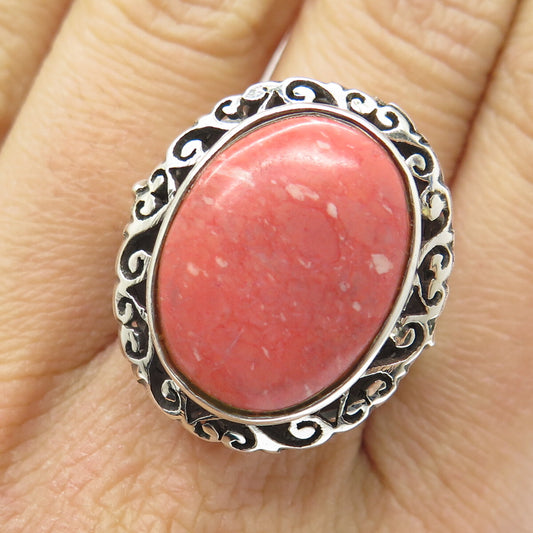 925 Sterling Silver Vintage Real Rhodochrosite Gem Ornate Frame Ring Size 8.75