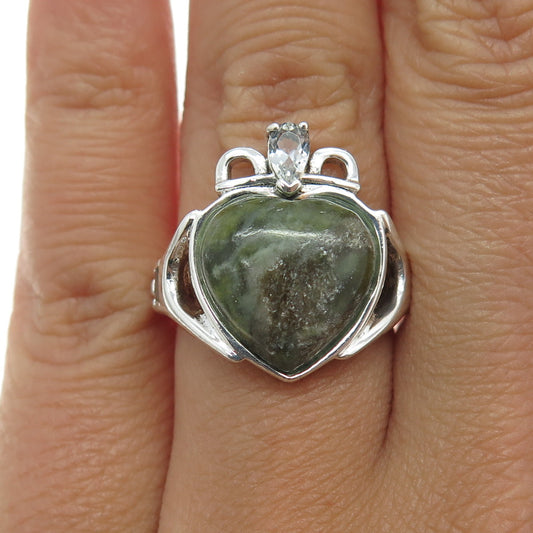 925 Sterling Silver Vintage Ireland Connemara Marble & Aquamarine Ring Size 6.25