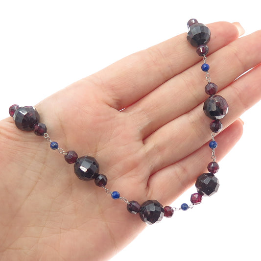 925 Sterling Silver Vintage Real Red Garnet & Lapis Beaded Chain Necklace 16"