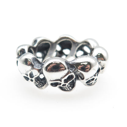 925 Sterling Silver Vintage Skull All Around Oxidized Biker Ring Size 9.75