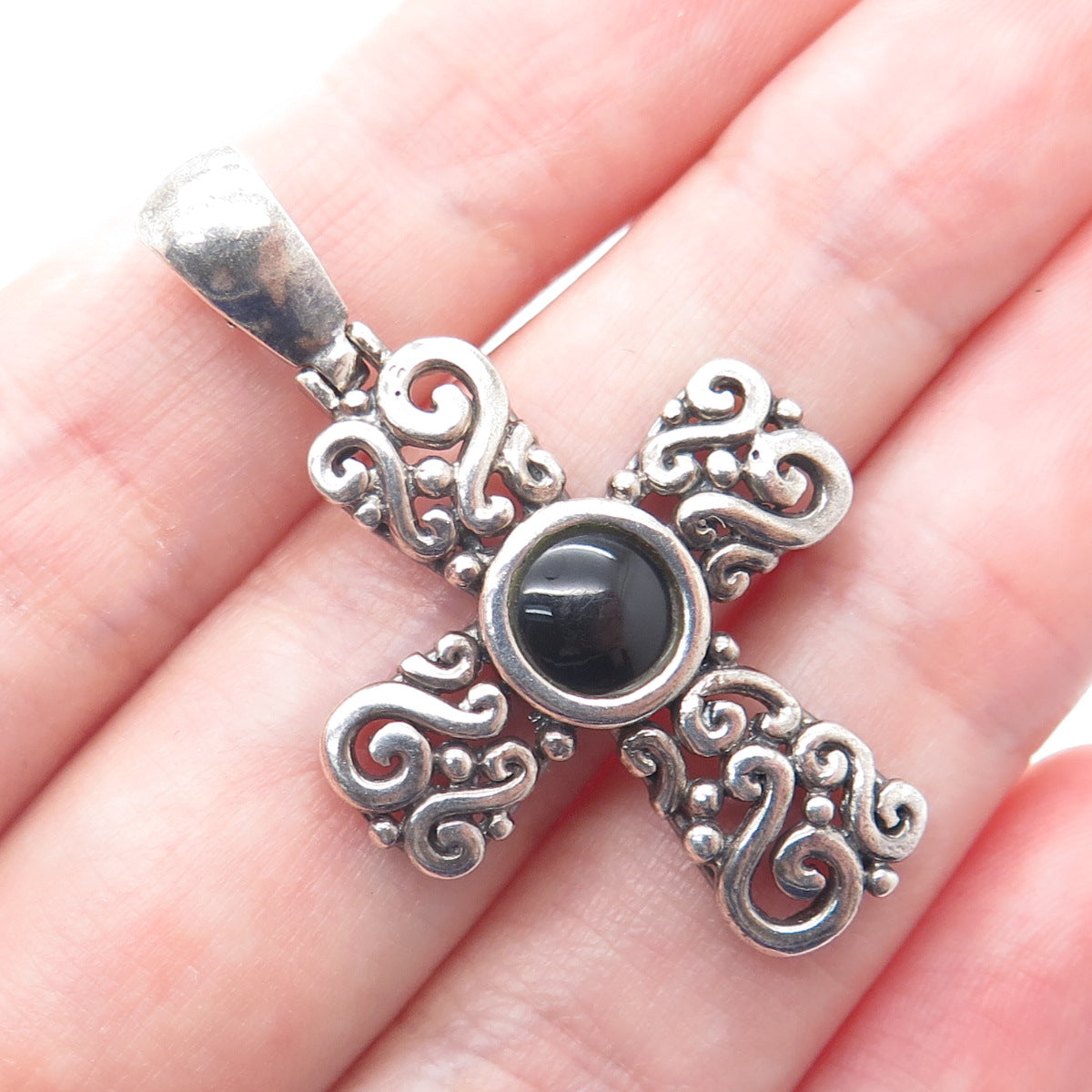 CFJ Collins Fine Jewelry Sterling Vintage Real Black Onyx Swirl Cross Pendant