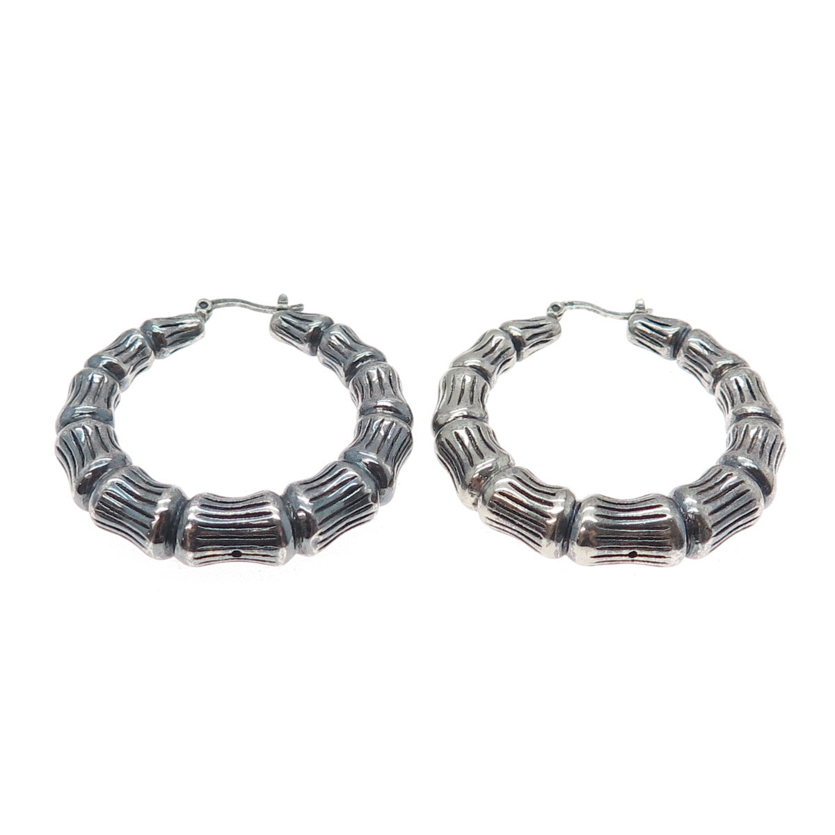 925 Sterling Silver Vintage Modernist Bamboo Oxidized Hoop Earrings