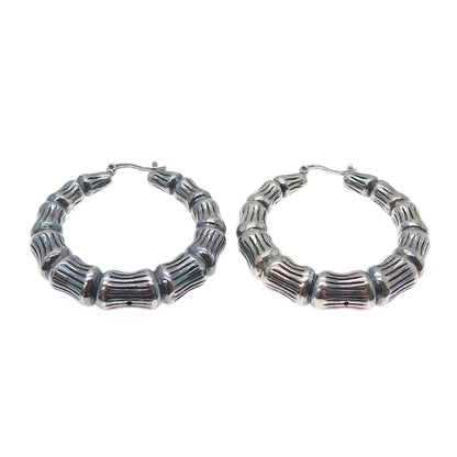 925 Sterling Silver Vintage Modernist Bamboo Oxidized Hoop Earrings