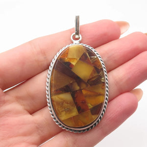 925 Sterling Silver Vintage Real Amber Twisted Oval Pendant