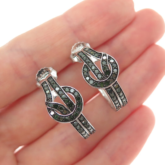 925 Sterling Silver Real Round-Cut Green Diamond Knot Hoop Earrings