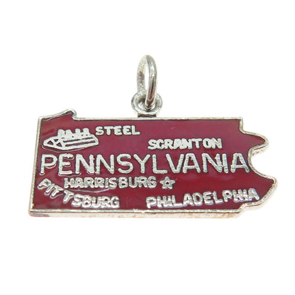 925 Sterling Silver Vintage Red Enamel "Pennsylvania" State Map Pendant