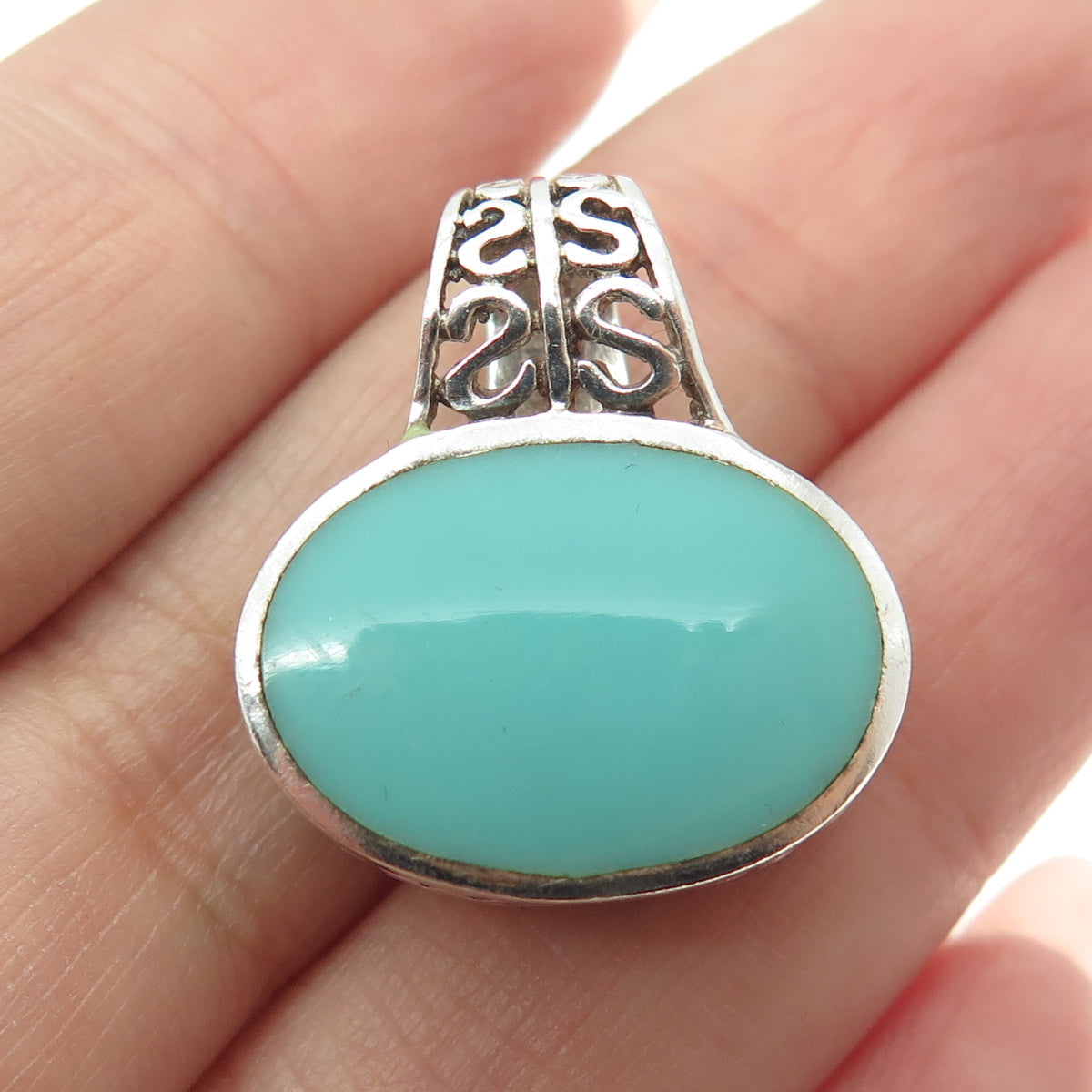 925 Sterling Silver Vintage Real Sleeping Beauty Turquoise Gem Slide Pendant