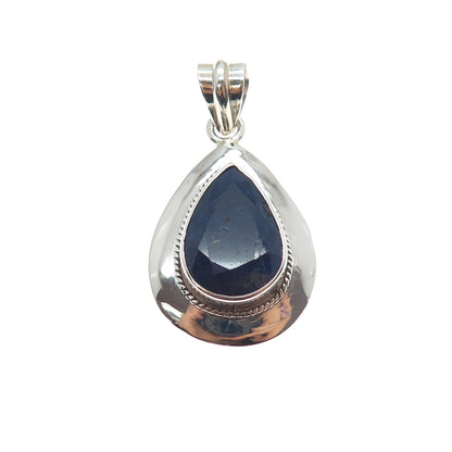 925 Sterling Silver Vintage Real Pear-Cut Sapphire Teardrop Charm Pendant