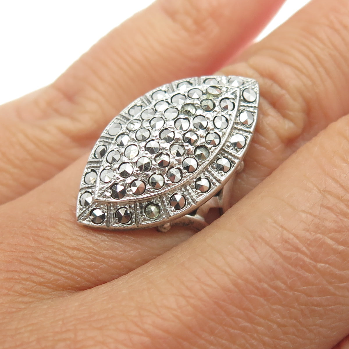 THEDA 925 Sterling Silver Antique Art Deco Real Marcasite Ring Size 6