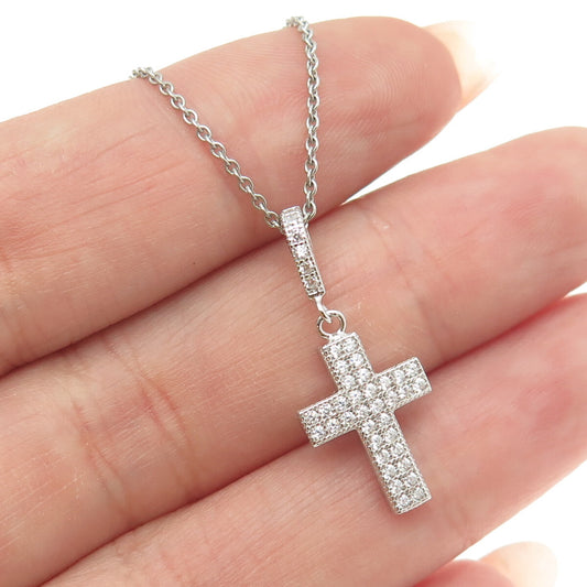 925 Sterling Silver Round-Cut C Z Cross Cable Chain Necklace 16"