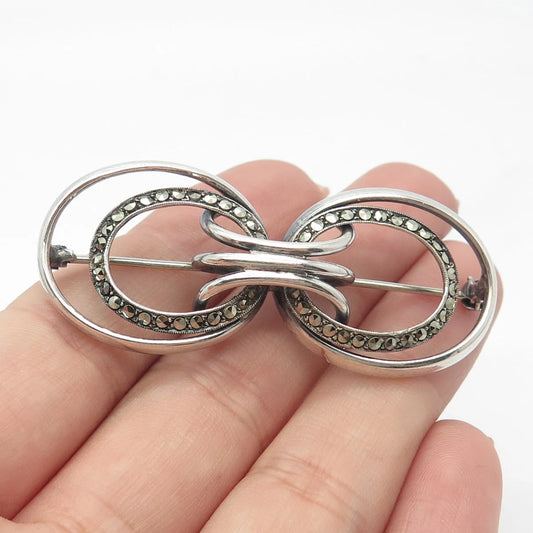 835 Silver Vintage Real Marcasite Gemstone Modernist Pin Brooch
