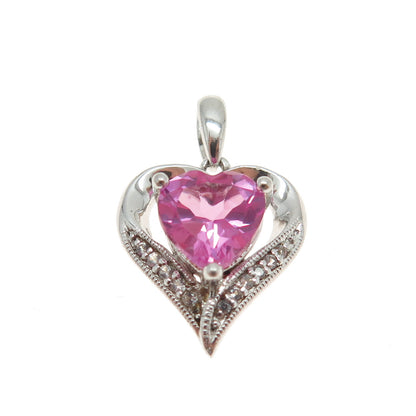 SAI 925 Sterling Silver White Topaz Gem Lab-Created Pink Sapphire Heart Pendant