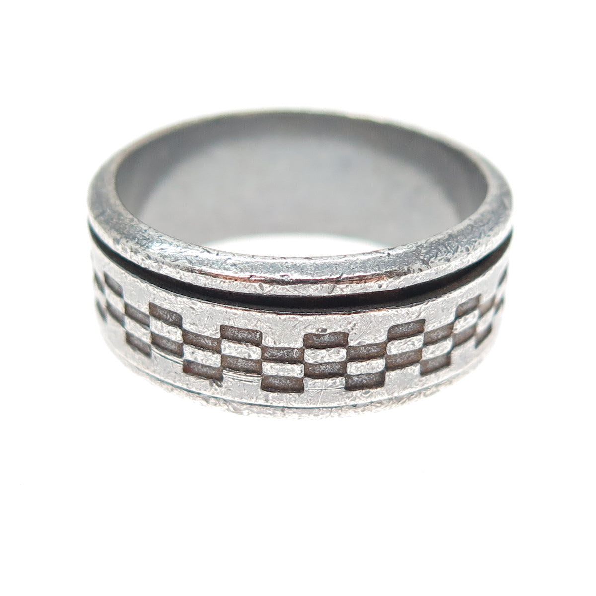 925 Sterling Silver Vintage Chess Oxidized Rotating Band Ring Size 12.5