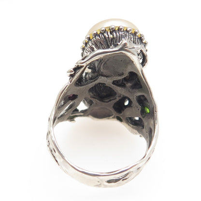 925 Sterling Silver Vintage Real Pearl Red Garnet & Peridot Ring Size 8.25