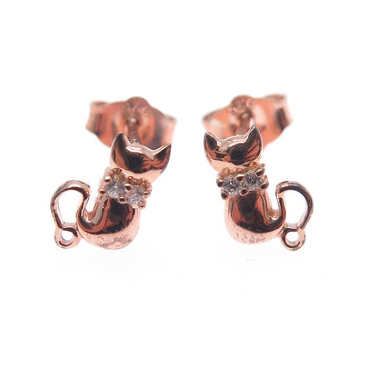 925 Sterling Silver Rose Gold Plated Round-Cut C Z Cat Stud Earrings