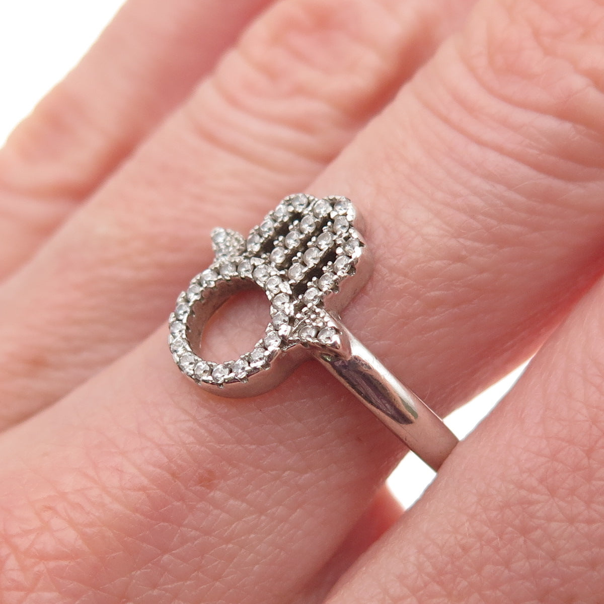 925 Sterling Silver Round-Cut C Z Hamsa Amulet Ring Size 7.75