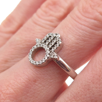 925 Sterling Silver Round-Cut C Z Hamsa Amulet Ring Size 7.75