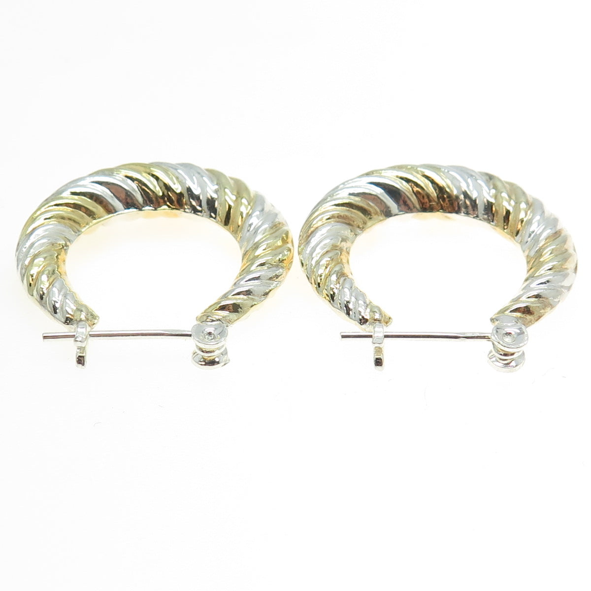 925 Sterling Silver 2-Tone Ribbed Hinged Hoop Earrings