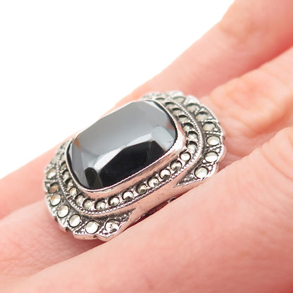 UNCAS 925 Sterling Silver Antique Art Deco Real Hematite Marcasite Ring Size 3.5