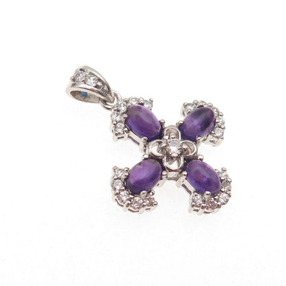 925 Sterling Silver Vintage Real Amethyst & C Z Cross Charm Pendant