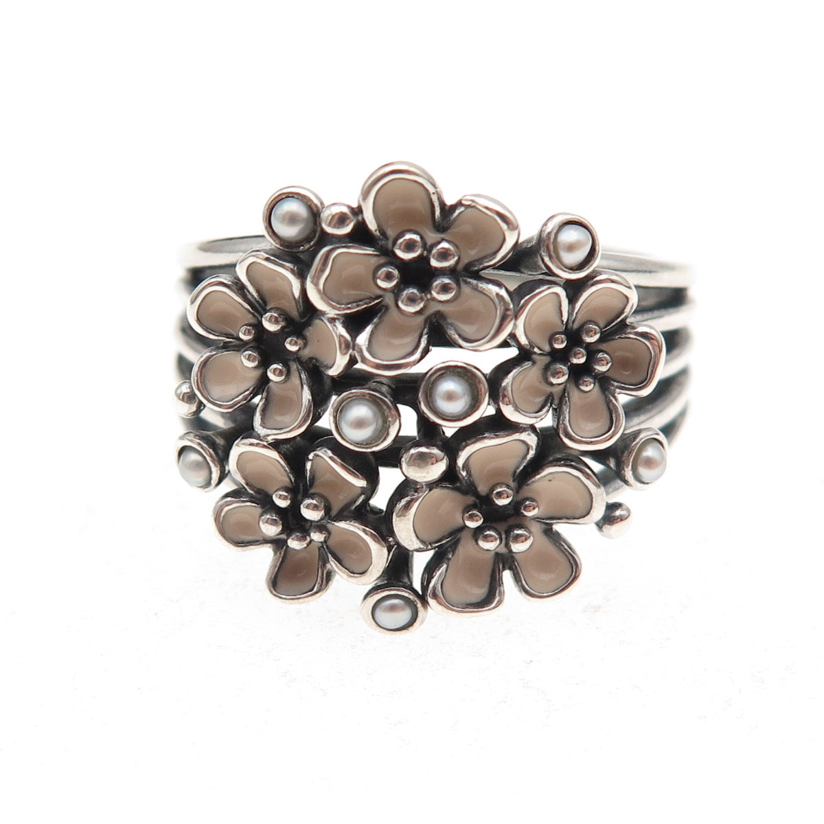 Pandora 925 Sterling Enamel Real Pearl Cherry Blossom Bouquet Ring Size 9.25