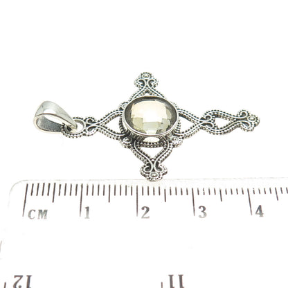 925 Sterling Silver Vintage Real Smoky Quartz Granulated Cross Pendant