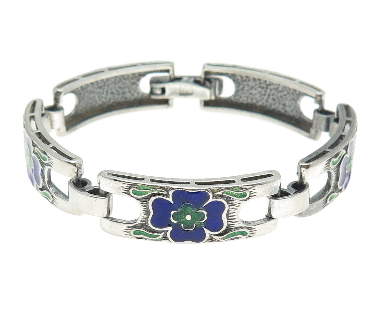 925 Sterling Silver Vintage Enamel Floral Panel Link Oxidized Bracelet 7.5"