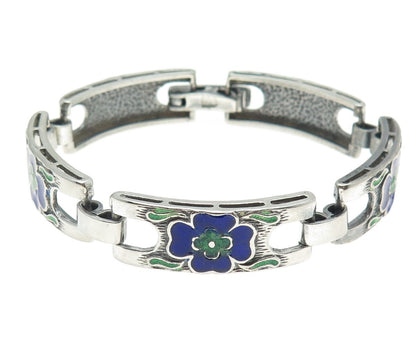 925 Sterling Silver Vintage Enamel Floral Panel Link Oxidized Bracelet 7.5"