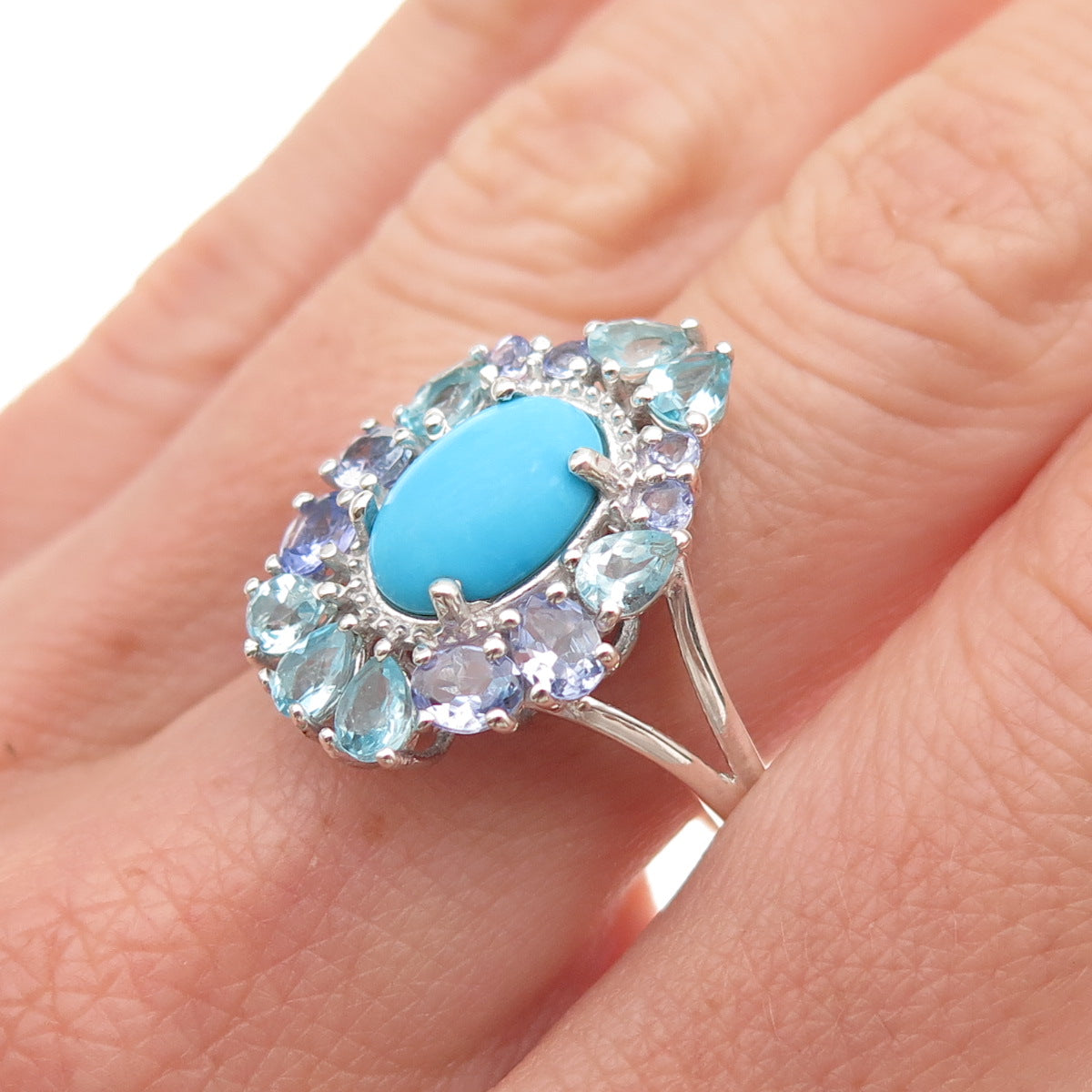 Chuck Clemency 925 Sterling Real Turquoise Aquamarine & Tanzanite Ring Size 8.25