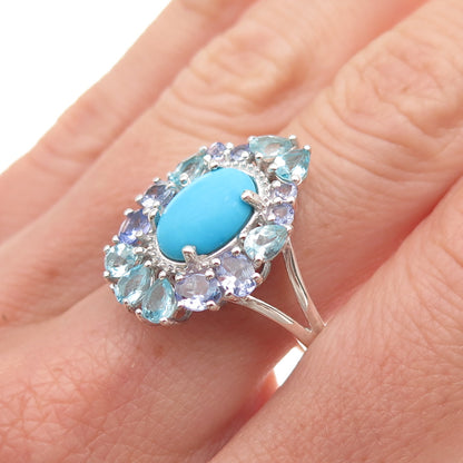 Chuck Clemency 925 Sterling Real Turquoise Aquamarine & Tanzanite Ring Size 8.25