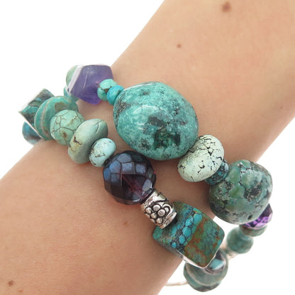 925 Sterling Vintage Turquoise Amethyst & Crystal Beaded Hamsa Bracelet 7-8.25"