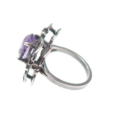 MUNDOS Sterling Silver Vintage Real Amethyst Butterfly Oxidized Ring Size 6.75