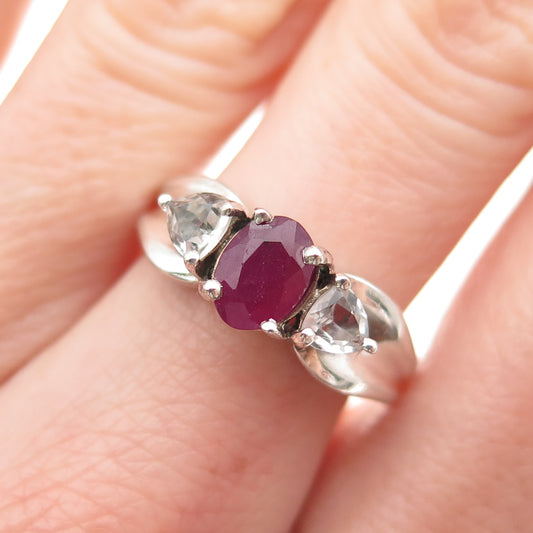 MONICA JAIN 925 Sterling Silver Vintage Real Ruby & White Topaz Ring Size 7