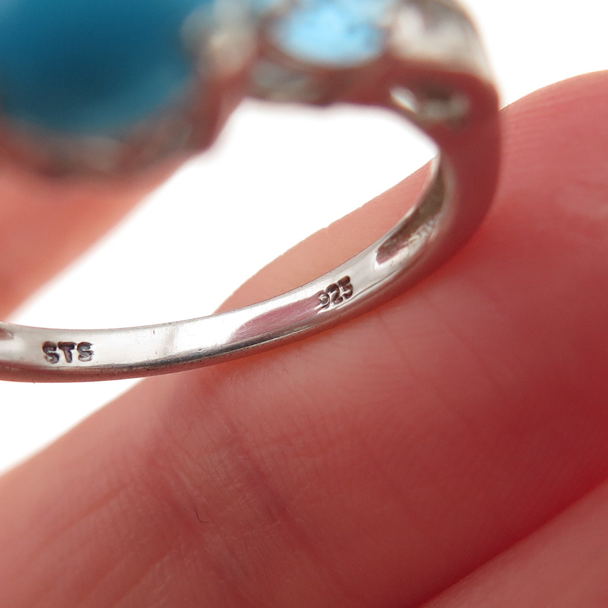 Chuck Clemency Sterling Silver Real Turquoise Blue & White Topaz Ring Size 8.25