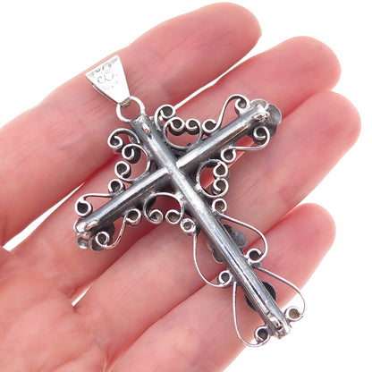 Los Ballesteros 925 Sterling Silver Vintage Mexico Real Amethyst Cross Pendant