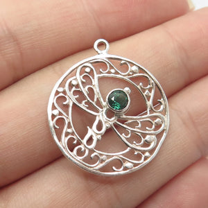 925 Sterling Silver Vintage Real Green Tourmaline Gem Dragonfly Round Pendant