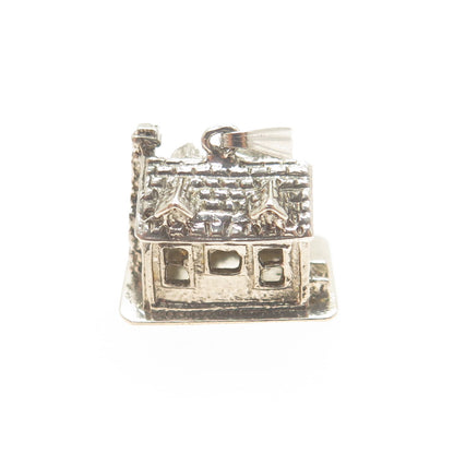 925 Sterling Silver Antique Art Deco Old Town House Minimalist Charm Pendant